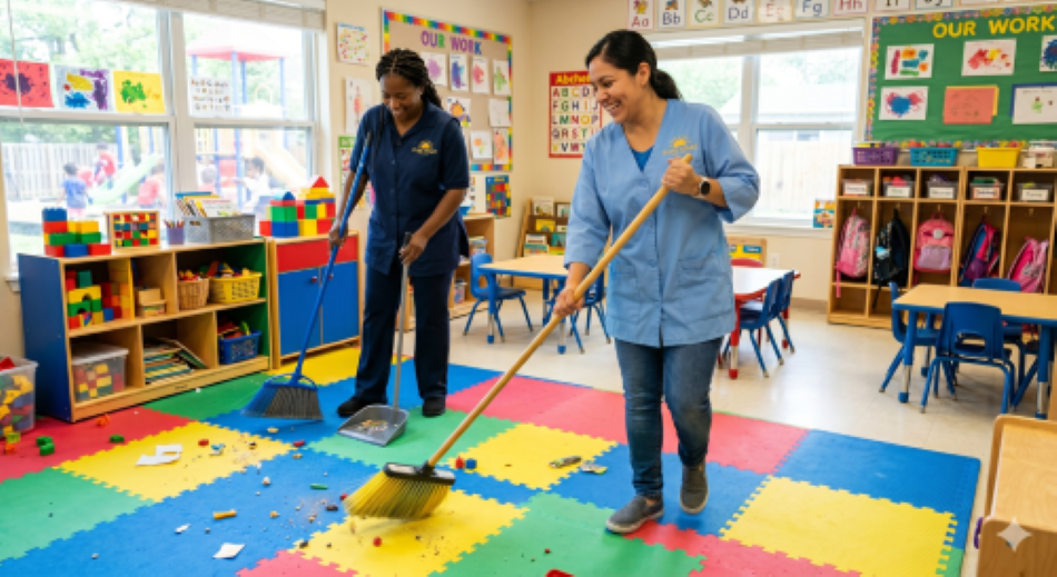 Pure Start team cleaning a childcare classroom